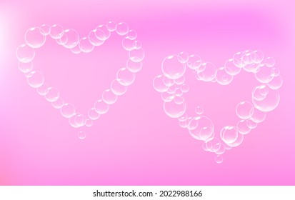 Set of soap foam pieces shaped as heart. Vector realistic soap suds. Valentine day symbol. Pink background.