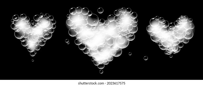 Conjunto de piezas de espuma de jabón formadas como corazón. Sueros vectoriales realistas de jabón. Símbolo de San Valentín. Fondo negro.