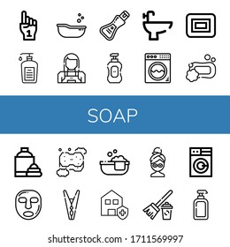 Set of soap icons. Such as Foam hand, Liquid soap, Baby tub, Maid, Soap, Bidet, Washing machine, Shaving cream, Facial mask, Sponge, Clothespin, Bathtube, Clean house , icons