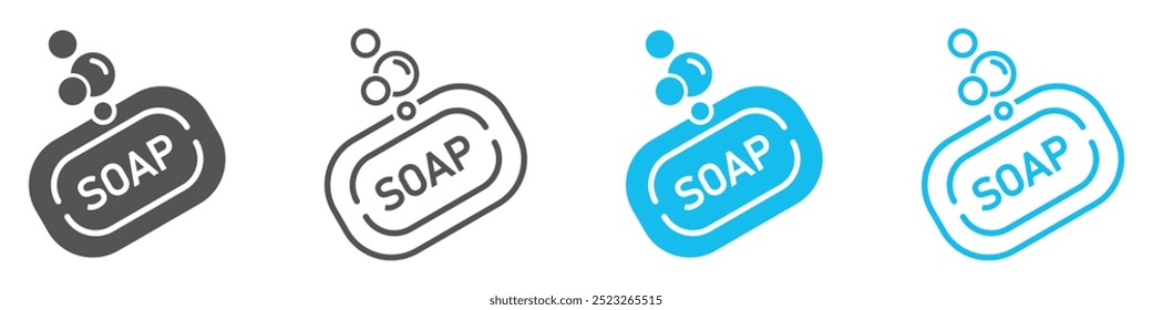 Set of soap icons. Soap symbols with bubbles and foam. Personal hygiene, detergent, hand washing. Soap bar, antibacterial. Vector. EPS10.