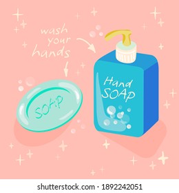 Conjunto de jabón: líquido en un frasco con un dispensador y una barra. Limpieza, salud y colección de belleza. Ilustración vectorial.