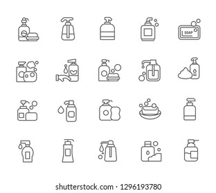 Conjunto de iconos de línea de vectores relacionados con el jabón. Contiene íconos como gel de ducha, espuma, baño, higiene, champú, etc. - Vector 