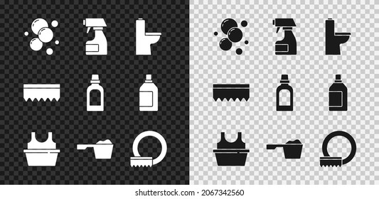 Set Soap water bubbles, Cleaning spray bottle, Toilet bowl, Basin with shirt, Washing powder, dishes, Sponge and Bottle for cleaning agent icon. Vector
