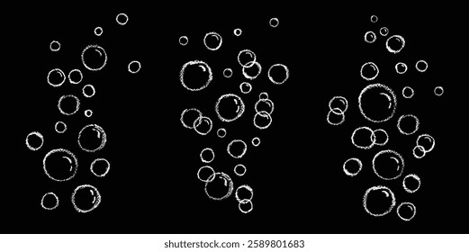Set of soap or water bubbles drawing by chalk or charcoal. Foam pastel handdrawn elements. Vector wax pen line bubbles of fizzy drink like children written. Champagne doodle gas balloons