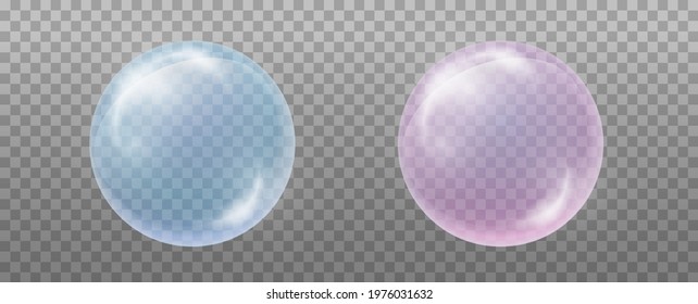 Set of soap water bubbles. Transparent, blue and pink. Design element for drinks, fizzy, cosmetics for the skin.
Isolated on a transparent background.