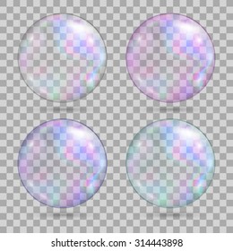 Set of soap water bubbles. Transparent realistic design elements. Isolated on transparent background. Vector illustration, eps 10.