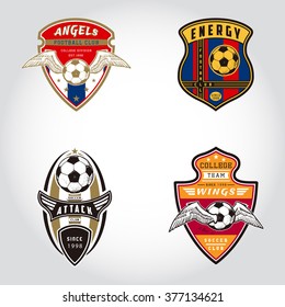  SET OF SOCCER BADGE LOGO . Handmade football ball. Sport Team identity vector illustrations isolated on white background. Collection of t shirt graphics. Design templates fashion apparel print.