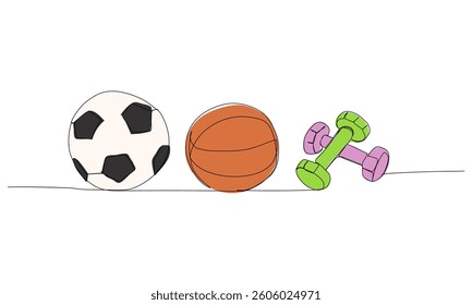 set of soccer ball, basketball and dumbbells one color line art. Continuous line drawing of knowledge, cognition, sports, fitness, gymnastics, school, education university