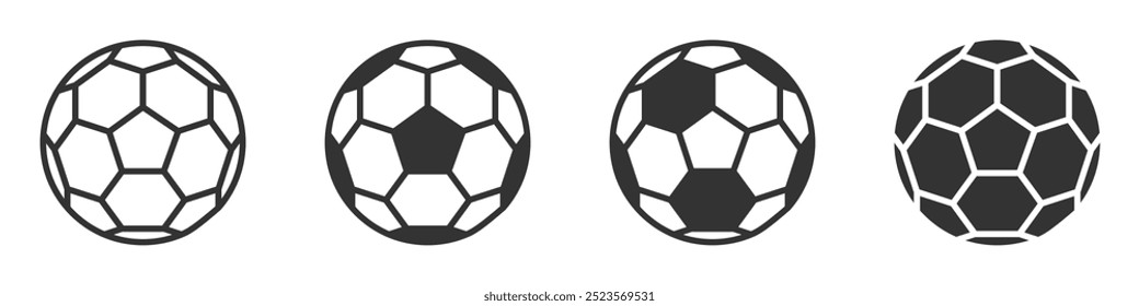 Conjunto de iconos de balón de fútbol en diferentes estilos. Ilustración vectorial en blanco y negro perfecta para proyectos de diseño deportivo.