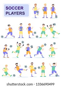 Set of soccer ball player with different pose. Men play a ball beating him and scoring goals. Cartoon characters isolated on white background. Flat vector illustration.