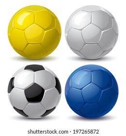 set of soccer balls in blue yellow white and black color