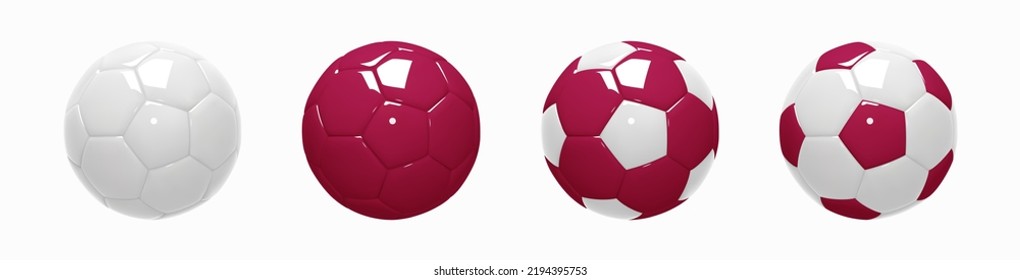 Set of soccer balls in classic shape. Football balls glossy figurines realistic 3d design style. White, maroon and combination. Mockup of sports elements isolated on white. 3d vector illustration