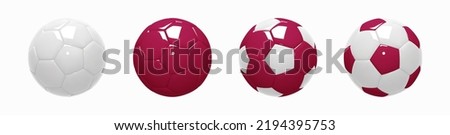Set of soccer balls in classic shape. Football balls glossy figurines realistic 3d design style. White, maroon and combination. Mockup of sports elements isolated on white. 3d vector illustration