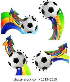 Set of soccer balls with colored stripes and arrows on a white background