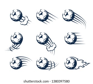 Set of Soccer Balls with fast motion effect. Moving balls vector icons. 