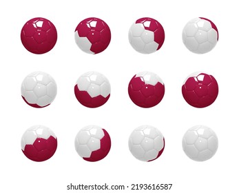 Set of Soccer Balls. Football Balls cartoon shiny plastic realistic 3d render. White, Maroon and styled after the Flag of Qatar. Mockup of sports elements isolated on white. 3d vector illustration