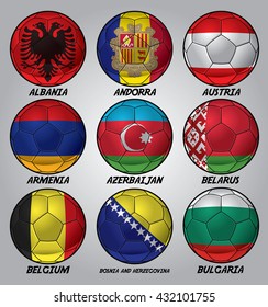 Set of soccer balls with nation flag