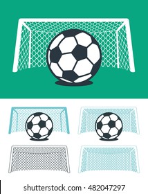 Set of soccer balls with nets and goal posts in black , green and white color hues in three different combinations, vector sporting illustration for championship league or World Cup themes