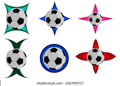 Set of soccer balls, six icons, green, red and blue, vector on white background
