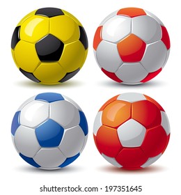 set of soccer balls in white blue red yellow black colors