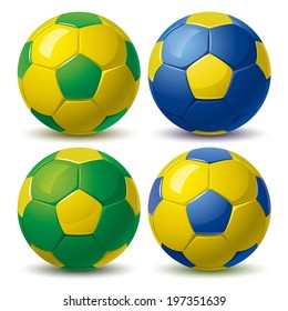 set of soccer balls in yellow green blue colors