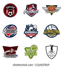 Set of soccer, basketball, american football, hockey, baseball, volleyball, badminton, tennis, golf badge logo design icon. Sport identity emblem patch vector illustration collection