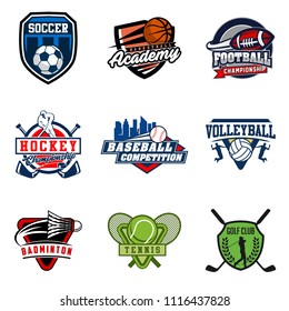 Set of soccer, basketball, american football, hockey, baseball, volleyball, badminton, tennis, golf badge logo design icon. Sport identity emblem patch vector illustration collection