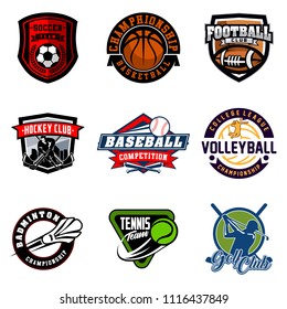 Set of soccer, basketball, american football, hockey, baseball, volleyball, badminton, tennis, golf badge logo design icon. Sport identity emblem patch vector illustration collection