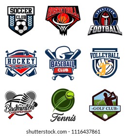Set of soccer, basketball, american football, hockey, baseball, volleyball, badminton, tennis, golf badge logo design icon. Sport identity emblem patch vector illustration collection