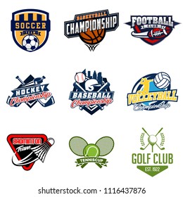 Set of soccer, basketball, american football, hockey, baseball, volleyball, badminton, tennis, golf badge logo design icon. Sport identity emblem patch vector illustration collection