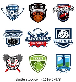 Set of soccer, basketball, american football, hockey, baseball, volleyball, badminton, tennis, golf badge logo design icon. Sport identity emblem patch vector illustration collection