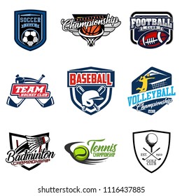 Set of soccer, basketball, american football, hockey, baseball, volleyball, badminton, tennis, golf badge logo design icon. Sport identity emblem patch vector illustration collection