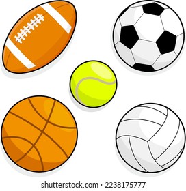 Set of soccer, basketball, tennis, volleyball and rugby sport balls. Vector illustration collection.