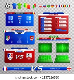 Set of soccer broadcast elements with tournament tables, country flags, fields, isolated on transparent background vector illustration 