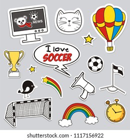 Set of Soccer cartoon stickers. Cute patches, pins, badges series