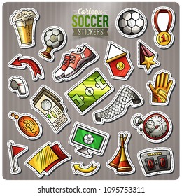 Set of Soccer cartoon stickers. Vector hand drawn objects and symbols collection. Label design elements. Cute patches, pins, badges series. Comic style.