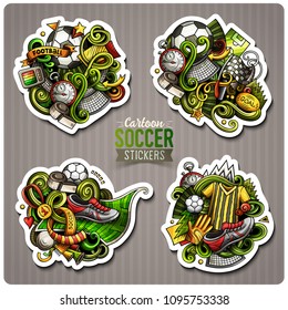 Set of Soccer cartoon stickers. Vector hand drawn objects and symbols collection. Label design elements. Cute patches, pins, badges series. Comic style.