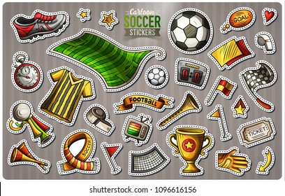 Set of Soccer cartoon stickers. Vector hand drawn objects and symbols collection. Label design elements. Cute patches, pins, badges series. Comic style.