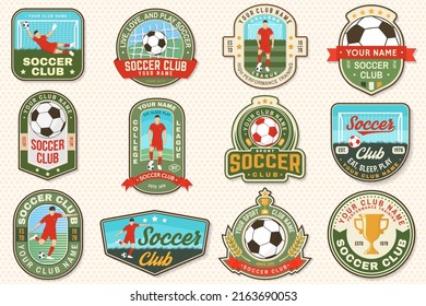 Set of soccer club patch design. Vector illustration. For sport club sign, logo, label, sticker, patch with goalkeeper, gate and player silhouettes.