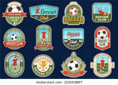 Set of soccer club patch, sticker, logo, badge design. Vector illustration. For football sport club sign, logo, label, sticker, patch with goalkeeper, gate and soccer player silhouettes.