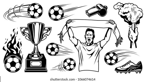 Set of soccer elements and objects. Vector illustration.