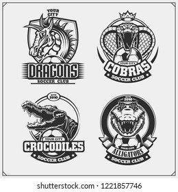 Set of soccer emblems, badges, logos and labels with cobra, crocodile and dragon.