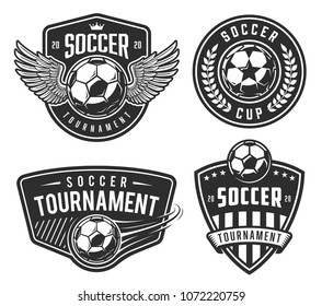 Set of soccer emblems in monochrome style. Vector illustration