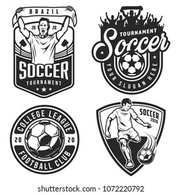 Set of soccer emblems in monochrome style. Vector illustration