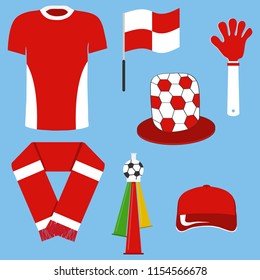 A set of soccer fan items. Subjects of sports fan. Flat design, vector illustration, vector.