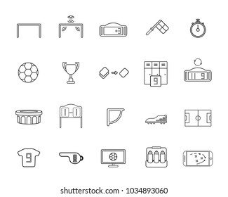 Set of soccer or football 20 line icon. Football game elements and equipment.  Interface sport icon.