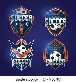 Conjunto de plantillas de diseño con logotipo azul naranja del futbol Señales de vectores de identidad del equipo deportivo Ilustraciones aisladas en fondo blanco