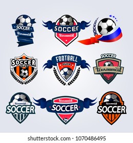 Set of Soccer Football Badge Logo Design Templates. Sport Team Identity Vector Illustrations isolated on white Background. Collection of Soccer Themed T shirt Graphics.