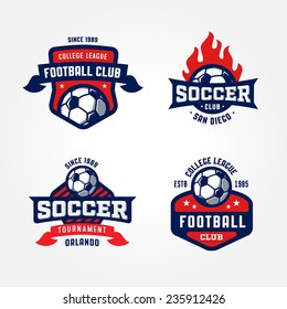 Set Of Soccer Football Badge Logo Design Templates | Sport Team Identity Vector Illustrations Isolated On White Background | Collection Of Soccer Themed T Shirt Graphics