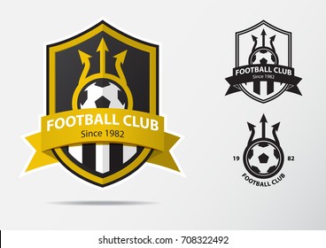 Set of Soccer or Football Badge Logo Design Template. Sport Team Identity. Minimal design of fork  in golden border on black shield. Football club emblem in black and white icon. Vector Illustration.